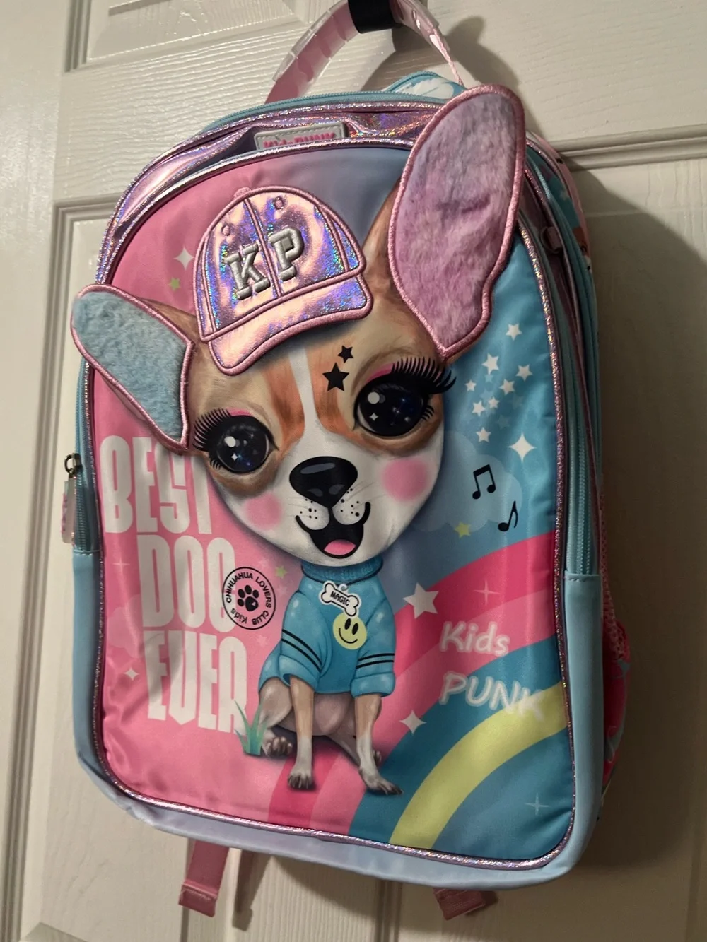 KidsPUNK Chimola Best Dog Ever Chihuahua Backpack glitter cap 3D plush ears sz L